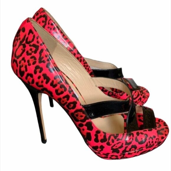 Jimmy Choo Hot Pink Animal Print Open Toe Heels Size 38.5 - Picture 4 of 9